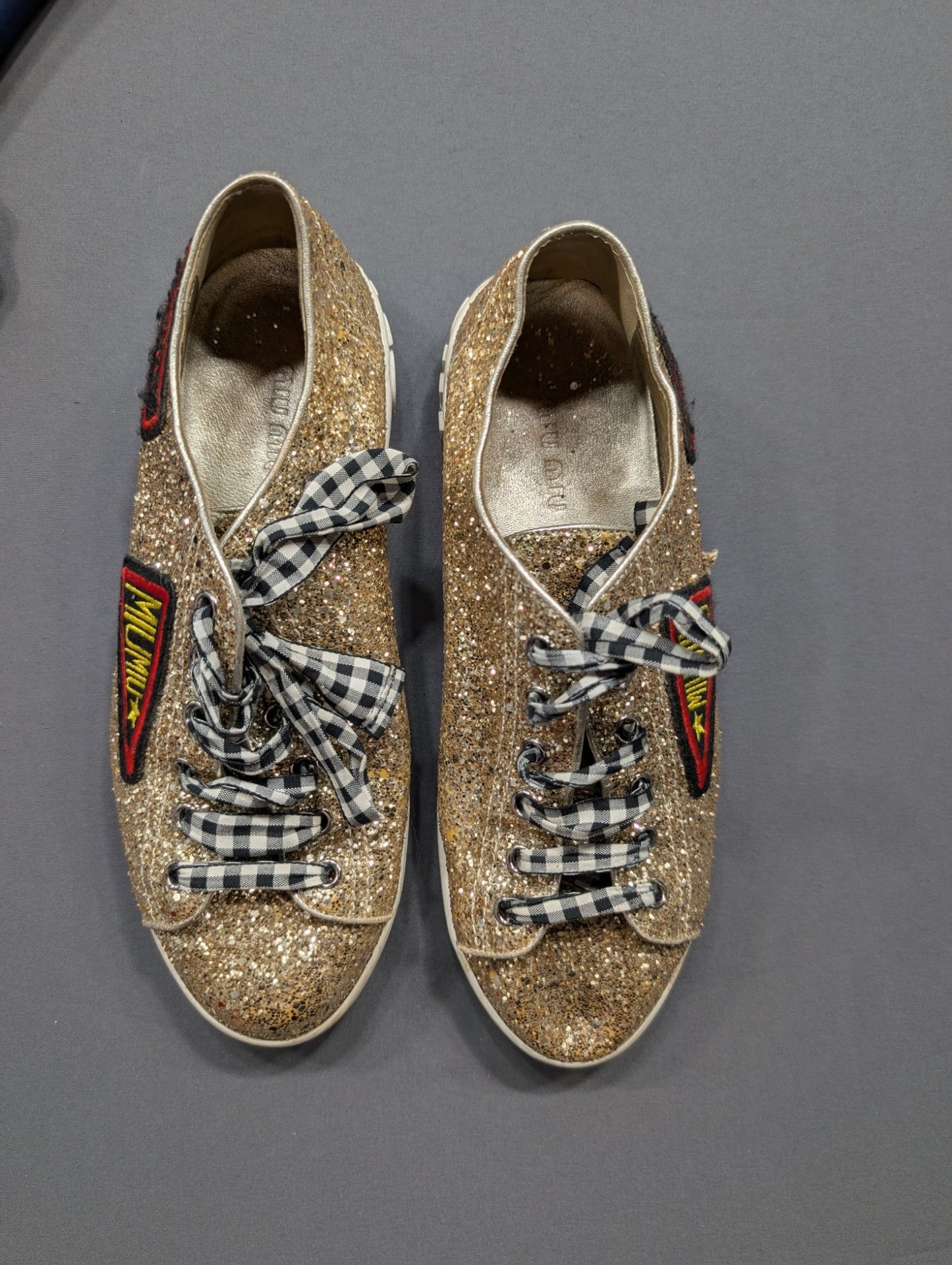 Miu Miu Gold Glitter Sneakers Patch Gingham Laces Women's