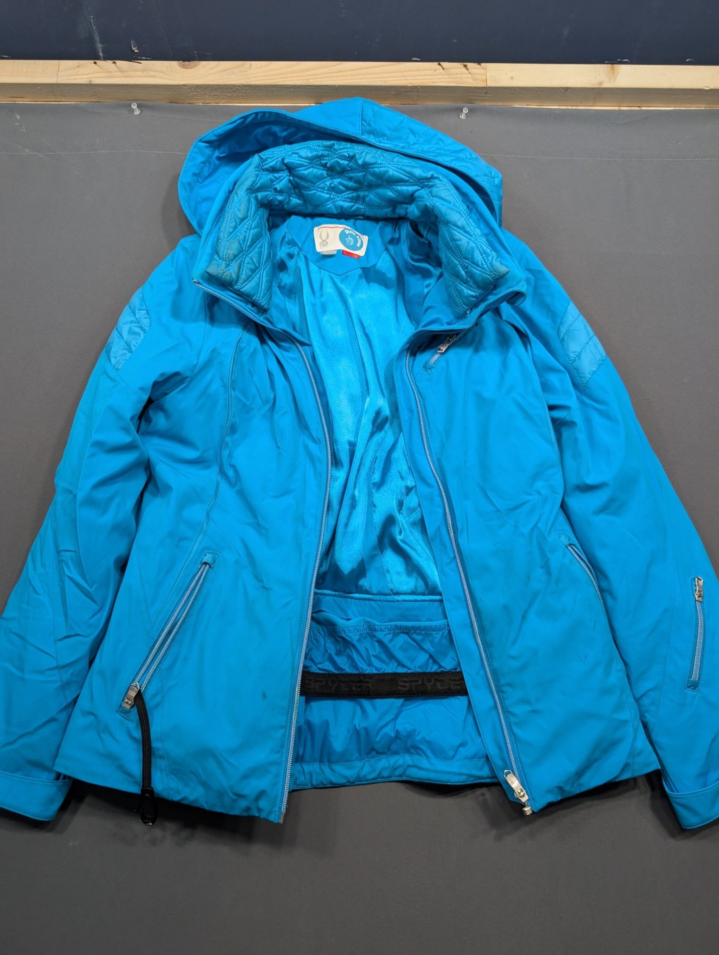 Spyder Girls Ski Jacket Size 12 Teal Blue Hooded Winter Snow