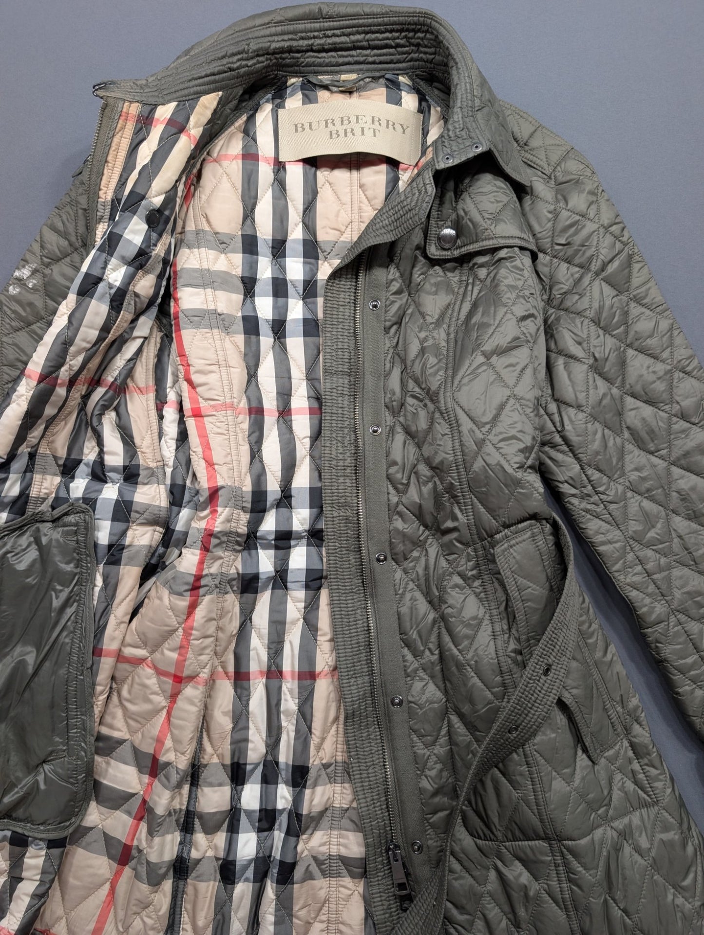 Burberry Brit Women's Quilted Jacket Olive Green Belted Coat