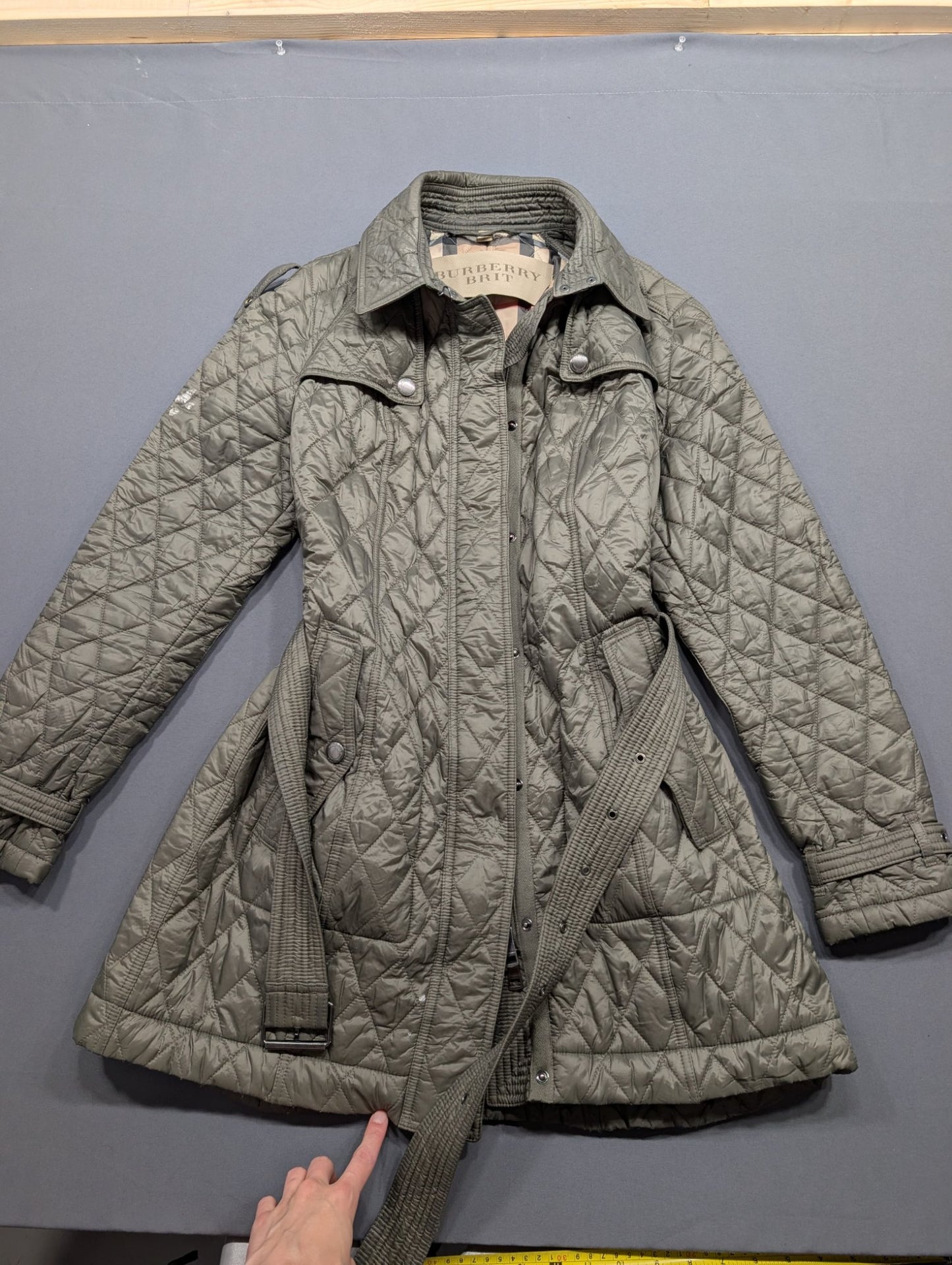 Burberry Brit Women's Quilted Jacket Olive Green Belted Coat